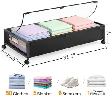 2 Pack Under Bed Storage with Wheels, 70LBS Heavy Duty Underbed Storage Bins with Clear Lid & Lockable Wheels, Large Metal Frame Rolling Organizer for Blankets, Clothes, Shoes, Bedroom, Dorm