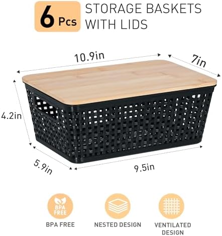 Storage Bins with Lids 6 Packs, Plastic Storage Bins with Bamboo Lids for Pantry Organization and Storage Containers for Shelves Drawers Desktop Closet Office Home, Black