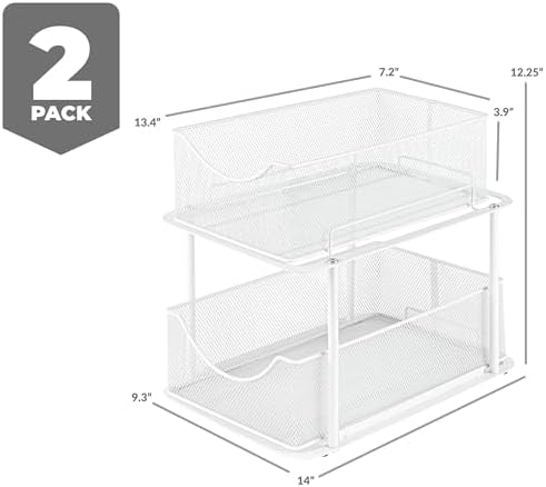 Sorbus Pull-Out Under Sink Organizer, Mesh Construction (White, 2 Pack) | Two-tier metal organization with strong steel and sliding drawers for bathrooms, kitchens, cabinets, closets and pantries.