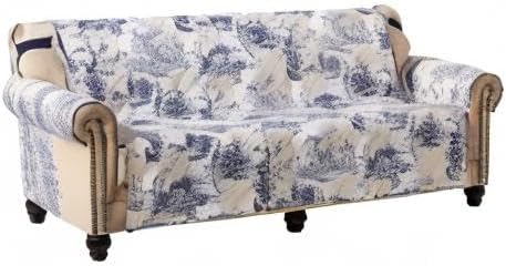 Brilliant Sunshine Blue Toile Couch Cover, Quilted X-Large Sofa Slipcover, 78" Seat Width, Slip Resistant Furniture Protector, 2" Strap, Washable Couch Cover for Pets, Kids, Dogs, Cats, Blue Beige