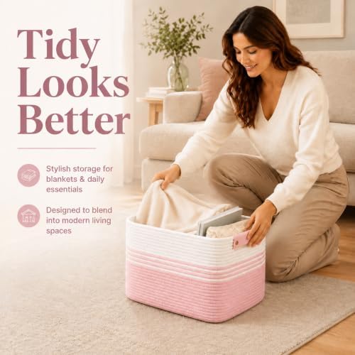 19.2GAL Sturdy Large Laundry Basket with Handles for Dirty Clothes, Portable Aesthetic Boho Cute Woven Storage Blanket Baskets for Living Room Decor and throws pillows Kids Toys Bath Towle White Pink