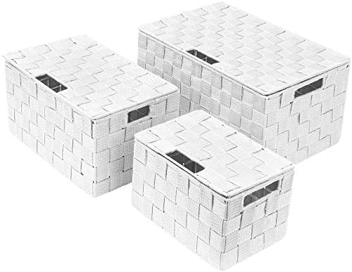 Sorbus Storage Basket with Lid, 3-Piece Woven Set for Shelves (White)