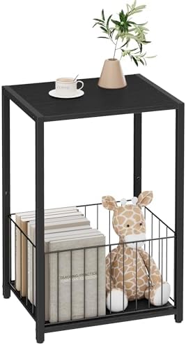 Homleke Side Table with Magazine Holder, Record Player Stand with LP Shelf