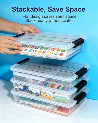EOENVIVS Clear Flat Storage Bins with Lids, Teal-Blue Buckle Stackable Transparent Storage Boxes, Versatile Sensory Boxes Organizer for Office Home Apartment Dorm Art Craft Daily Storage 6-Pack
