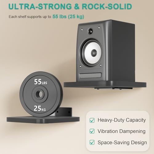 WALI Surround Sound Speaker Wall Mount, 1 Pair Heavy Duty Floating Shelf | Bookshelf Speaker Stands for Living Room, Home Theater and Gaming Room, Wall Shelves Hold up to 55 Lbs (SWM302B), Black