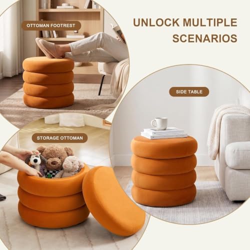 Round Velvet Storage Ottoman, Orange