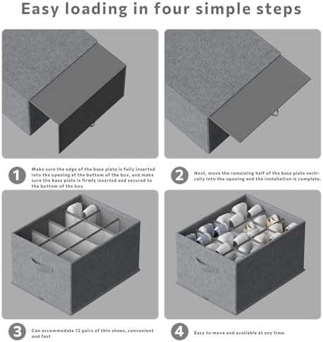 FHSQX 4 Pack Shoe Organizer for Closet,Foldable Shoe Organizer,Fits up to 48 Pairs,Storage Containers With Bottom Support for Shoes (Dark Grey, (16.5 * 12.6 * 9.5) x4)
