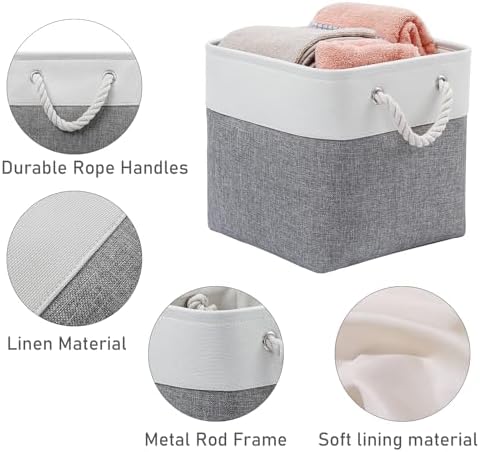 MidmmVick 13 x 13 Inch Cube Storage Bins, 6 Pack Extra Large Collapsible Fabric Storage Bin with Ropes, Foldable Storage Cubes for Home (White & Grey-13"x13"x13")