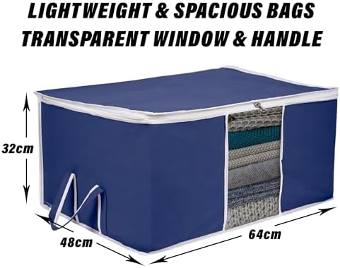 Kuber Industries Underbed Storage Bag | Clothes Storage Organizer | Blanket Cover with Clear Window | Zipper Closure & Handle Cloth Organizer | Plain White Border | Large | Pack of 6 | Navy Blue