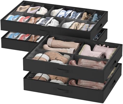 Lifewit Under Bed Shoe Storage Organizer 2 Pack(16 Shoes Cells+4 Boots Cells), 4.3 Inches Profile Fabric Shoes Container Box with Clear Cover, Foldable Storage Bag with 2 Handles, Fits 24 to 40 Pairs