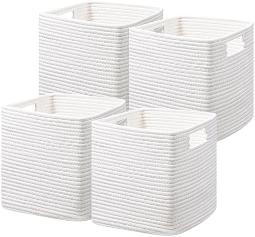 UBBCARE Storage Cubes 11 Inch, Cotton Rope Woven Baskets for Organizing, Cube Storage Bin for Baby Nursery, 4-Pack Square Toy Storage Baskets for Shleves Organizer, Closet, Kidsroom, White
