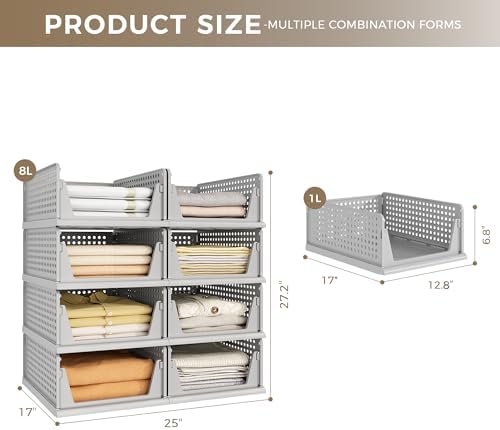 Pinkpum 8 Pack Closet Organizer Storage Bins Stackable Plastic Drawer Shelf