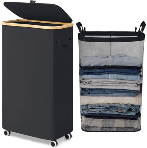 Goodpick 75L Rolling Laundry Basket with Wheels and Lid, Black