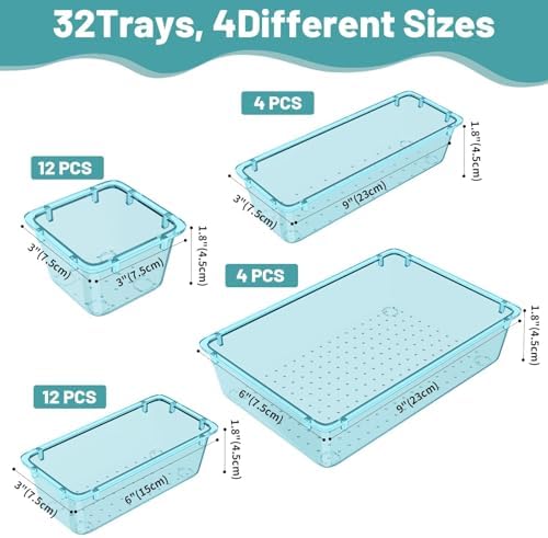 WOWBOX 32 PCS Plastic Drawer Organizer Set, 4 Sizes Desk Drawer Organization and Storage Containers for Makeup, Cosmetics, Jewelry and Gadgets in Kitchen, Bathroom, Bedroom, Office, Clear Sea Blue
