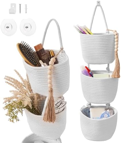 LIGHT DUST Wall Hanging Rope Baskets 3-Tier Boho Organizers (White & White)