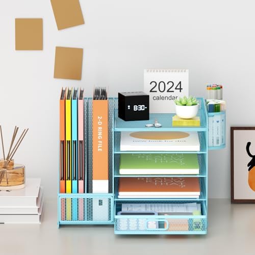 Marbrasse Desk Organizer with File Holder, 5-Tier Paper Letter Tray Organizer with Drawer and 2 Pen Holder, Mesh Desktop Organizer and Storage with Magazine Holder for Office Supplies(Blue)