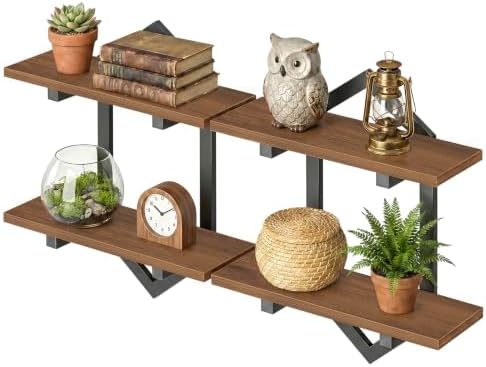HOOBRO Floating Shelves for Wall, Set of 2 Wall Shelf, 15" Hanging Shelves | 2-Tier Wall Mounted Storage Shelves, for Living Room Bedroom Kitchen Office Study Bathroom Wall Decor, Walnut and Black