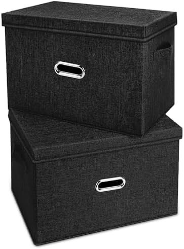 Large Linen Fabric Foldable Storage Bins with Removable Lid and Handles, Washable Storage Box Organizer Containers Baskets Cube with Cover for Bedroom,Office(Black, Small(2-Pack))