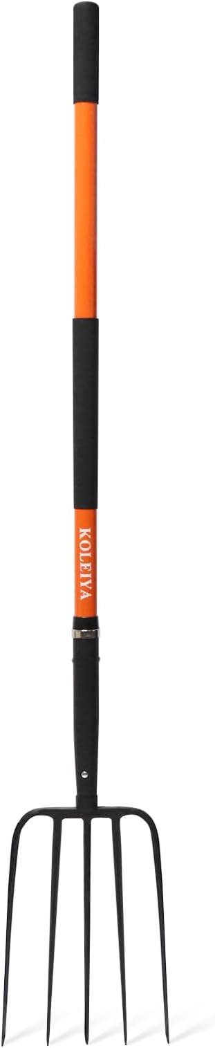 KOLEIYA 5-Tine Pitchfork for Gardening, 57-Inch Heavy Duty Garden Fork with Orange Fiberglass Handle for Compost, Mulch and Manure