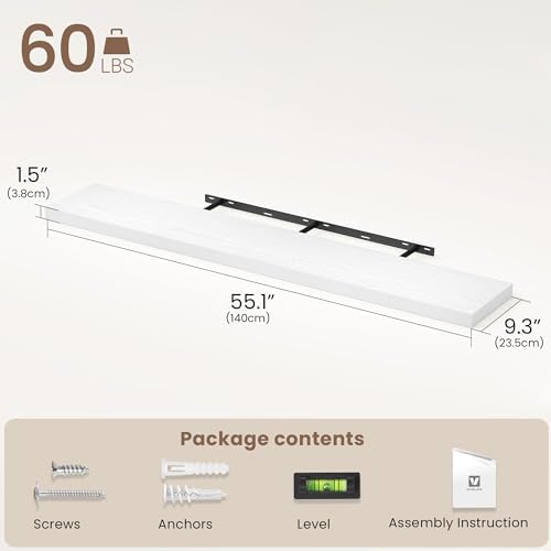 Vivelove Floating Shelves 9 inch Deep 55”Long Set of 2, White | Easy Install With Hardware, 1.5" Thick, Invisible Brackets, Wall Mounted, No Sagging, For Any Room