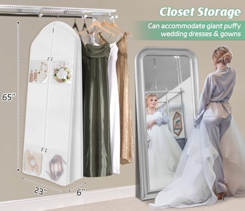 MISSLO 65" Wedding Dress Garment Bag with Bride Tote Bag 6'' Gusseted Dress Bags for Gowns Long 4 Pockets Wedding Dress Storage Bag for Women, White