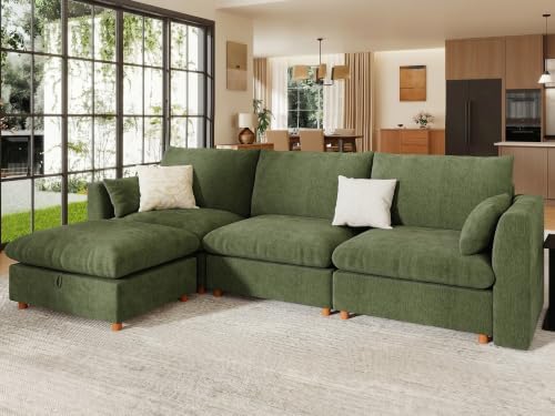 WorthFurni Oversized Modular Sectional Sofa,111" L Shape Sectional Cloud Couch with Storage Ottoman,Comfty 4 Seat Modular Sofa for Living Room,Green Chenille