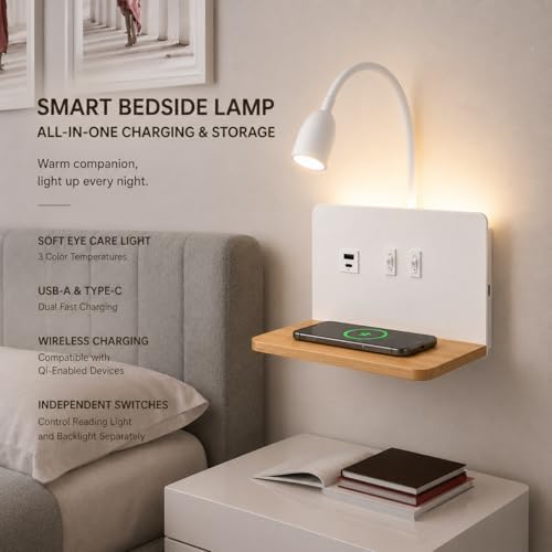 White Bedside Wall Sconce with Wireless Charging Station, USB-C & USB-A Ports, Plug in Wall Light with Shelf, Gooseneck 3Color LED Reading light & 3000K Backlight Plug-in or Hardwired for Bedroom,Dorm