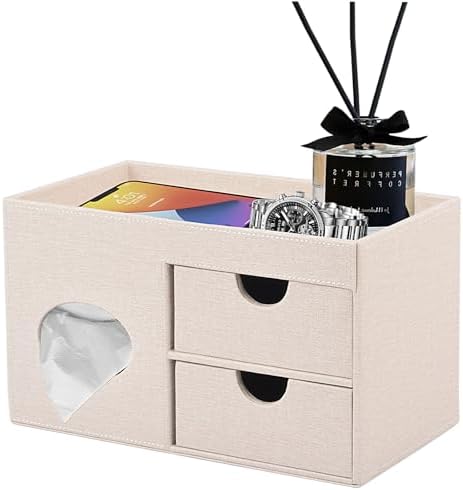 Square Tissue Box Cover with Drawers,Tissue Box Holder with Storage Tray, Makeup Organizer and Desk Organizer,Tissue Holders Decorative for Bathroom Vanity NightStand Dressing Table (Beige)
