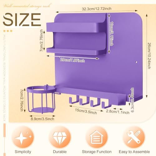 Novabright Bedside Wall Organizer Metal Shelf for Dorm Bedroom,Purple