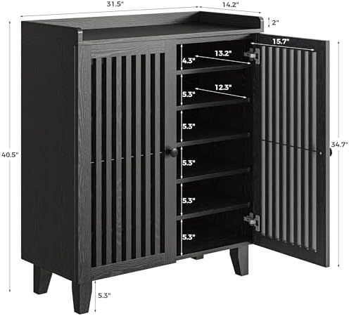 IRONCK Shoe Cabinet with Slatted Doors, 6-Tier Shoe Storage Cabinet, Black