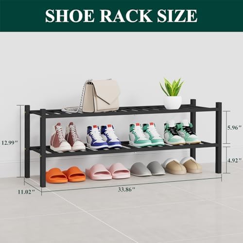 Smiry Bamboo Shoe Rack, 16 Vertical Slats, 2 Tier - 33.7" Wide, Black