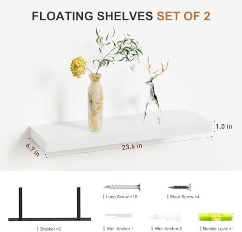 Bellsal Floating Shelves for Wall, White Engineered Wood Wall Shelf Set of 2, 24" Walls Mounted Floating Shelf for Kitchen, Living Room, Bedroom, Bathroom Storage, Book Shelf for Home Decor