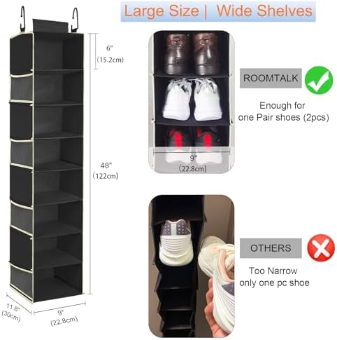 2 Pack Large-Sized Hanging Shoe Organizer 8-Shelf, Hanging Closet Organizer with 8 Side Pockets, Wider Hanging Shelves for Storage Shoes Clothes 9" W × 11.8" D× 48" H, Black.
