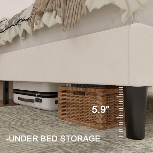 VECELO Queen Bed Frame with Upholstered Wingback Headboard, Heavy-Duty Platform Bedframe with Charging Station, Wooden Slats, No Box Spring Needed, Cream Beige