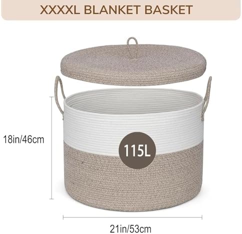 21" x 18" Extra Large storage baskets,Decorative blanket basket with lid for Living room,rope baskets with lid,wicker hamper for bedroom,Big,Round,White & Brown 115L