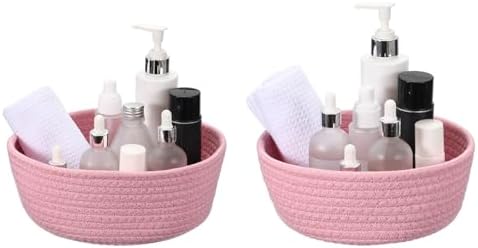 uxcell 2Pcs Small Cotton Rope Woven Storage Basket, 7.9x3.2"/9.1x3.6" Tiny Round Organization Storage Bins Cute Nursery Containers Bin for Shelves Closet Home Office Organizing, Pink