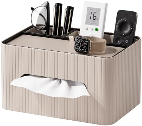 KINGFOM Leather Tissue Box Cover with Storage Tray, Decorative Tissue Box Holder Organizer for Office Desk, Bedroom & Nightstand, Remote Control Holder for Perfume, Watch, Glasses, Pens (Mocha Beige)