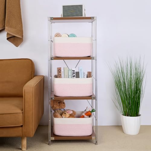 MiniArk Large Storage Baskets for Shelves, 17 x 13 x 7.5” Closet Organizers Bins for Clothes Blanket Towels, Baby Nursery, Toy Baskets Box, Woven Rope Baskets, 3 Packs Woven Pink