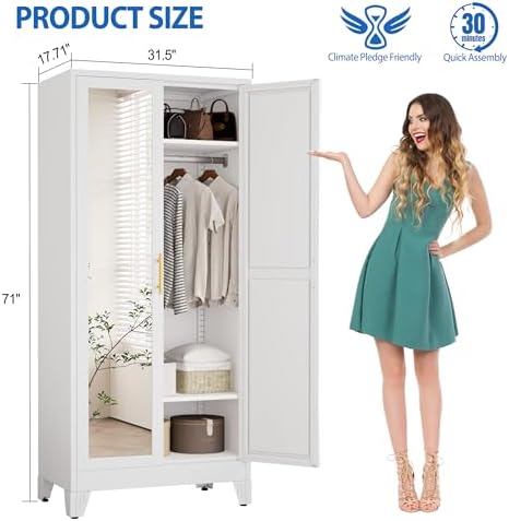 GAIOUS Metal Wardrobe Cabinet with Mirror and Hanging Rod, 71" White