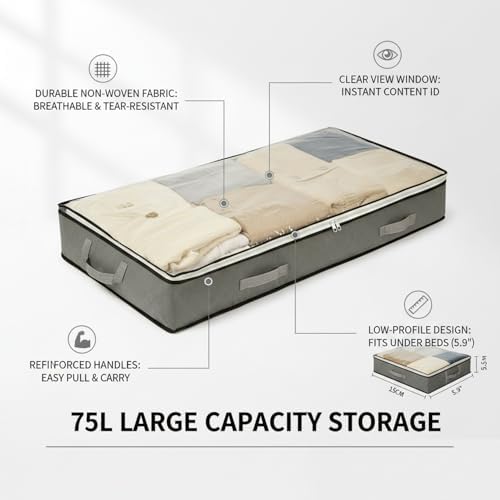 Under Bed Storage Bag with Handles, 75L Large Capacity Non-Woven Fabric Container for Comforters and Blankets, Fits Under Standard Beds