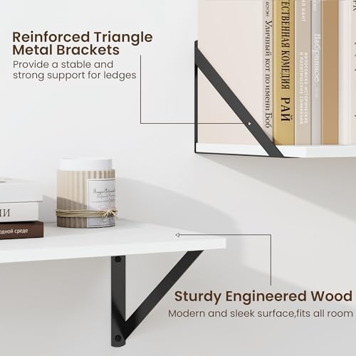 Fun Memories Deep Floating Shelves for Wall, 36W x 8D Wall Mounted Shelves Set of 2, Wide Display Ledge Shelf with Sturdy Metal Brackets for Living Room, Bathroom, Bedroom and Kitchen, White