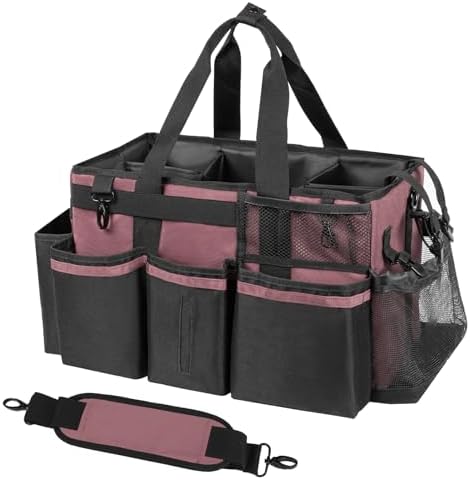 SCAVATA Wearable Cleaning Caddy, Cleaning Caddy Supplies Organizer with Handle & Shoulder Straps for Housekeepers, Under Sink & Car Cleaning Tool Organizers Bag with 4 Foldable Divider (LotusPink)