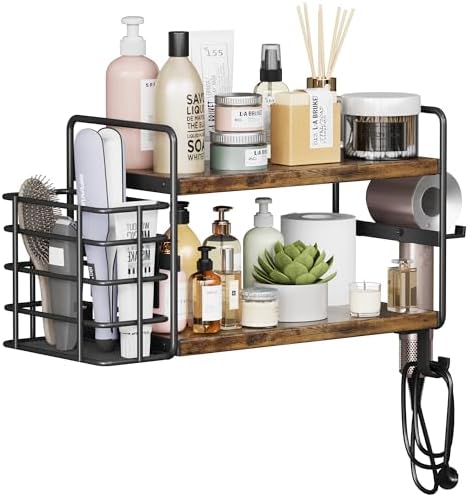 3-in-1 Wall Mounted Hair Dryer Holder with 2 Tier Shelves & Detachable Basket, Space Saving Organizer for Bathroom, Kitchen, Bedroom, Rust-Resistant, Easy Install (Rustic Brown)