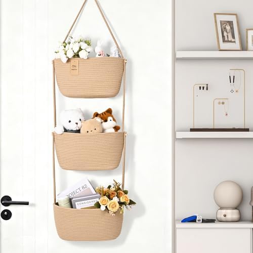 Hanging Basket, 3-Tier Woven Wall Basket with 4 Hooks, Cotton Rope Storage Baskets, Over the Door Organizer for Nursery, Bedroom, Cottage and Boho Wall Decor