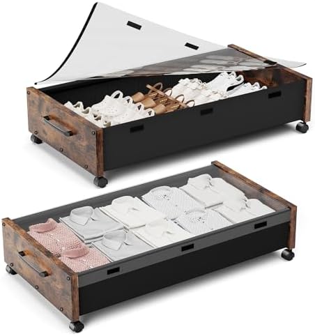 Under Bed Storage with Wheels, Wooden Under the Bed Storage with Remove Lid, Rolling Underbed Storage Drawers, Large Metal Storage Bins for Shoes Blankets Clothes Bedrooms Dorms (Vintage Brown-2pack)
