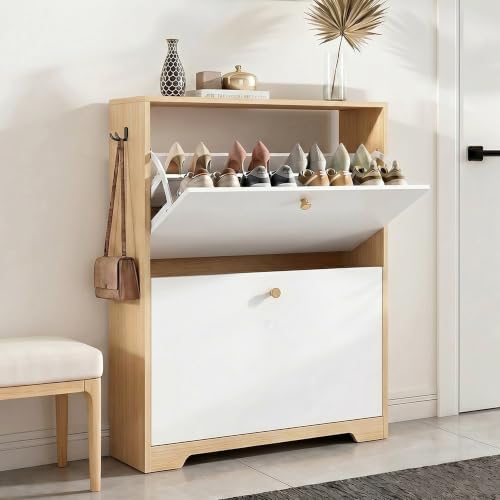 Nicetree Shoe Storage Cabinet with 2 Flip Drawers, Natural Oak and White