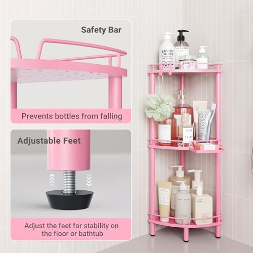 ELYKEN Corner Shower Caddy Standing, 3 Tier Metal Shower Organizer, Pink | Stainless Steel Shower Shelves with Soap Holder, Adjustable Feet & 2 Hooks for Storing Bath Essentials in Bathroom corner