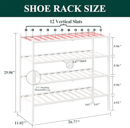 Smiry Bamboo Shoe Rack, 12 Vertical Slats, 4 Tier - 26.8" Wide, White