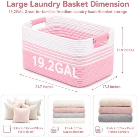 19.2GAL Sturdy Large Laundry Basket with Handles for Dirty Clothes, Portable Aesthetic Boho Cute Woven Storage Blanket Baskets for Living Room Decor and throws pillows Kids Toys Bath Towle White Pink