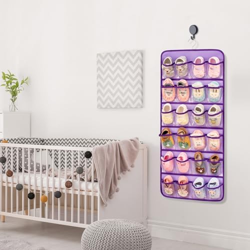 Dual-sided Baby Shoe Organizer Closet Hanging Toddler Shoes Storage for Kids Bow Socks Underwear Holder with 48 Clear Pockets (Purple)